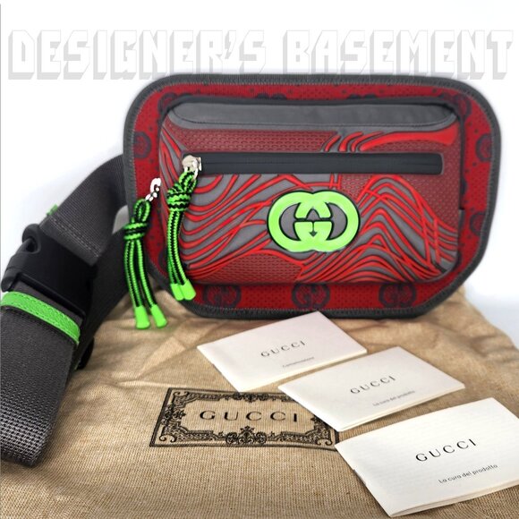 GUCCI gray red green GG nylon/rubber zip Crossbody 100 Waist Fanny belt BUM bag - Picture 2 of 10